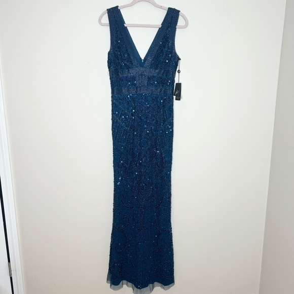 NWT Adriana Papell Deep Blue Beaded Long Gown Size 6 - Picture 4 of 8